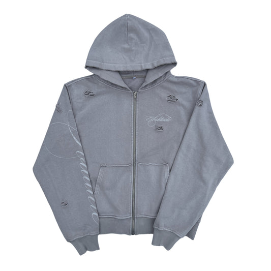 GREY SCRIPTURE ZIPUP HOODIE